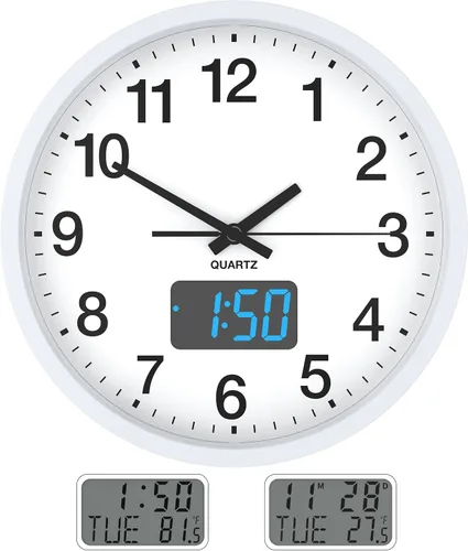 Vista 9 de Reloj de pared, con pantalla digital LED, silencioso sin tictac, de cuarzo de 12 pulgadas, funciona con pilas, reloj de pared analógico redondo Caja