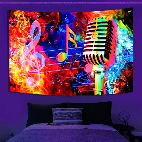 Vista 9 de TPMDFC Tapiz musical UV con luz negra, nota musical reactiva, tema fresco, tamaño pequeño, 40 pulgadas, 30 pulgadas, tapices colgantes de pared
