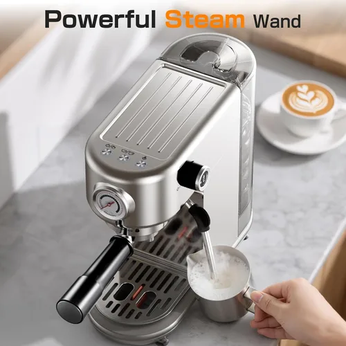 Vista 7 de Atatix Máquina de Café Espresso Mejorada, Cafetera Espresso Compacta de 20 Bares con Espumador de Leche, Cafetera de Acero Inoxidable con Tanque