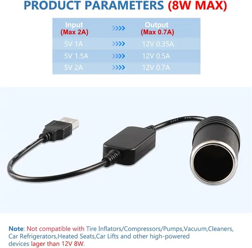 Vista 3 de Cable de alimentación USB A macho a 12 V 8 W, adaptador de enchufe para encendedor de cigarrillos de automóvil, cable convertidor de enchufe