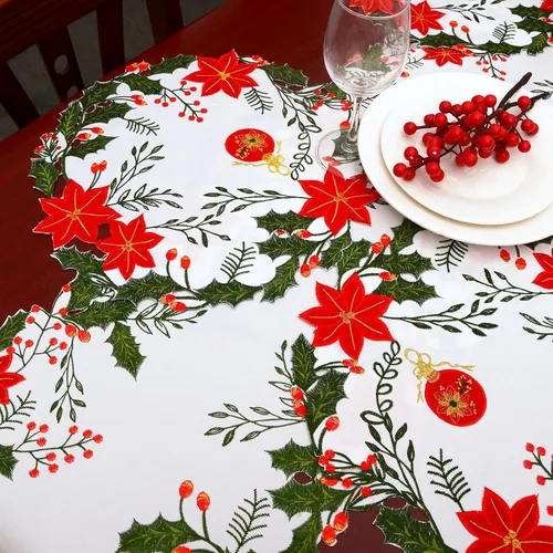 Vista 3 de Simhomsen Juego de 4 posavasos bordados para mesa redonda de Pascua de Navidad (Poinsettia B)