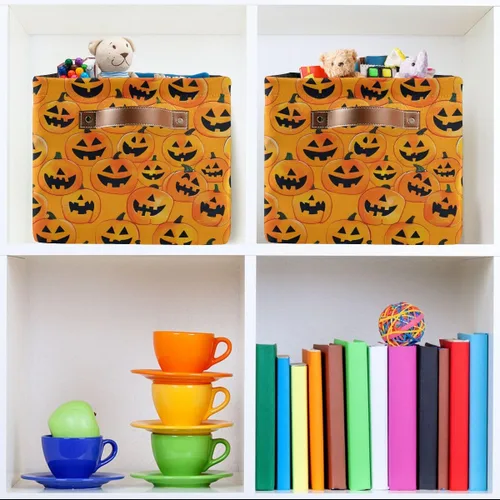Vista 6 de Cesta de almacenamiento sin costuras de Halloween, bolsa organizadora plegable de tela de calabaza amarilla con asas, 15 x 11 x 9.5 pulgadas