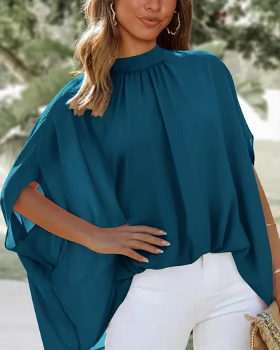 Vista 28 de BTFBM Blusas de verano para mujer, cuello alto falso, manga murciélago, holgadas, dobladillo alto y bajo, blusas informales de gran