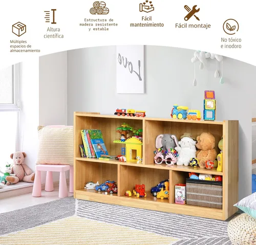 Vista 8 de Costzon Estantería de 2 estantes para niños, organizador de almacenamiento de juguetes de madera para libros y juguetes, estantería Montessori de 5
