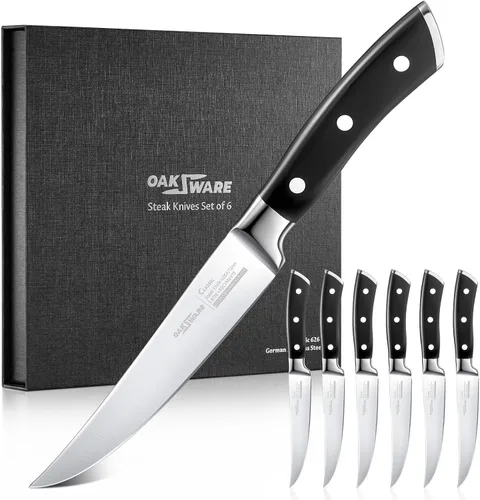 Vista 9 de OAKSWARE - Juego de 4 cuchillos para carne, no dentados, con mango ergonómico forjado de espiga completa, acero inoxidable alemán de alto carbono