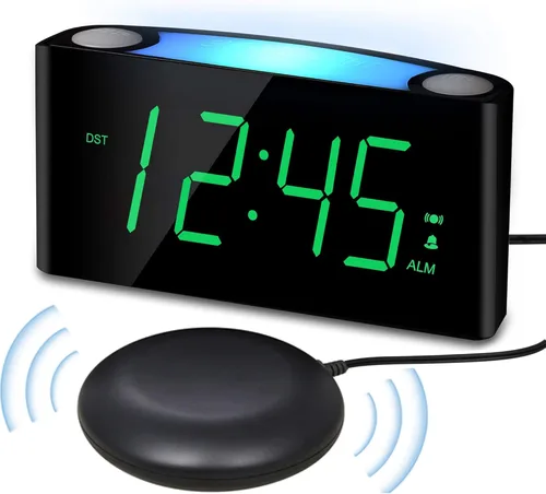Vista 11 de PPLEE Reloj despertador súper fuerte para personas que duermen profundamente, con discapacidad auditiva o sordos, reloj despertador vibratorio