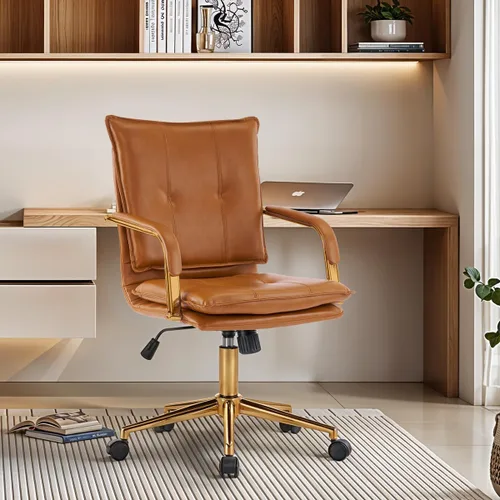 Vista 14 de MOJAY Silla de escritorio ergonómica de cuero con respaldo medio, moderna silla tapizada para computadora, silla de oficina ejecutiva con brazos