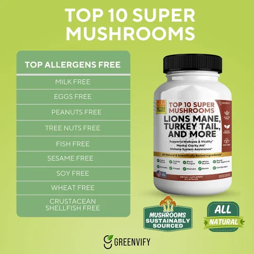 Vista 3 de Lions Mane 10 Super Champiñones Suplemento - Melena de León, Reishi, Cordyceps, Extractos de Shiitake - 60 Cápsulas (1)