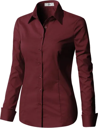 Vista 2 de EZEN - Blusa de manga larga, ajustada, elástica, con cuello de botones para mujer, para oficina, estilo formal, casual