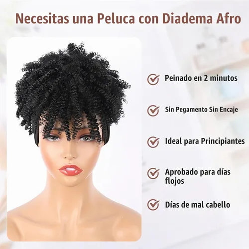 Vista 2 de Aisaide Peluca de Diadema Afro Rizada Crespa, Pelucas Afro Negras Cortas para Mujeres Negras, Peluca Sintética Rizada Crespa con Diadema y Flequillo