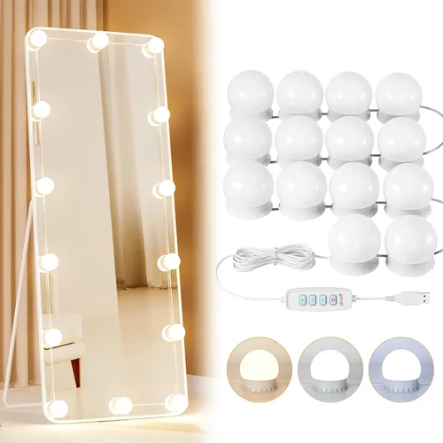 Vista 9 de 10 Bombillas Luces LED de Tocador para Espejo, 3000K 4000K 6500K y 10 Niveles de Brillo, Longitud de Cable Ajustable, Cable USB, Luces de Espejo