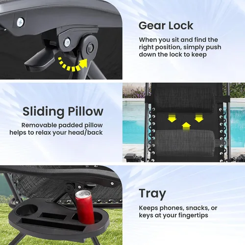 Vista 9 de Zero Gravity - Juego de 2 sillas reclinables plegables de gran tamaño, acolchadas antigravedad con almohada ajustable y portavasos para campamento