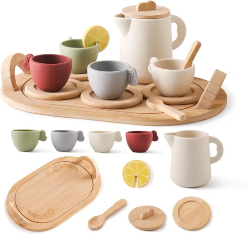 Vista 9 de Encantador Juego de Fiesta de Té de Madera - Tetera de Silicona, Tazas y Cuchara Recolectora - Perfecto para Fiestas de Té de Niñas Pequeñas y Juego