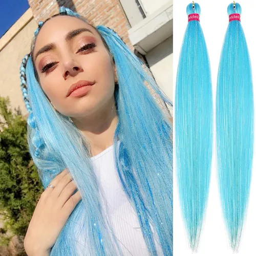 Vista 34 de Cabello trenzado verde con lentejuelas de 26 pulgadas, preestirado, trenzas de textura Yaki, extensiones de cabello pre plumadas, 3 paquetes, fácil