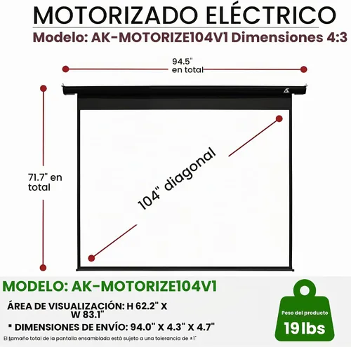 Vista 5 de Akia Screens AK-MOTORIZE104V1 - Pantalla de proyector motorizada de 104 pulgadas, 4:3, pantalla de proyector desplegable eléctrica con mando a