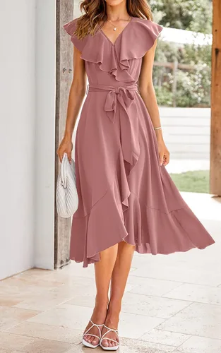 Vista 2 de PRETTYGARDEN Vestido largo cruzado de verano para mujer, estilo casual, bohemio, cuello en V profundo, manga corta, dobladillo con volantes, vestido