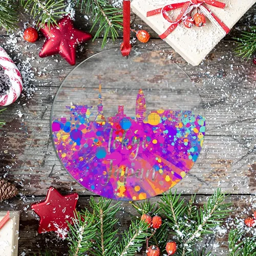 Vista 5 de Adorno de Navidad japonés de Tokio para niños, arte de acuarela japonés, Tokio, paisaje urbano, adorno de Navidad de acrílico colorido de la ciudad