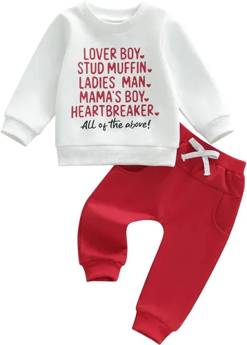 Vista 14 de Conjunto de sudadera con estampado de letras para el día de San Valentín para bebé, niño, niña, ropa de primavera 1 Rojo Gris