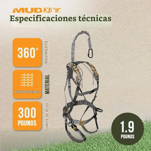 Vista 3 de Muddy Hunting Tree Stand Safety Systems Lightweight Padded Nylon Whitetail Deer Quick-Release Ambush Optifade Elevated II Harness