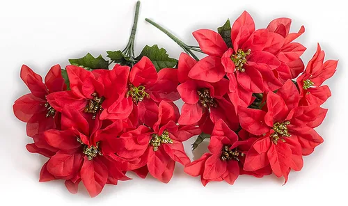 Vista 3 de Firlar Ramo de flor de pascua artificial de 4 piezas, 7 tallos cada uno, arbustos rojos para árbol de Navidad, decoración de jardín del hogar