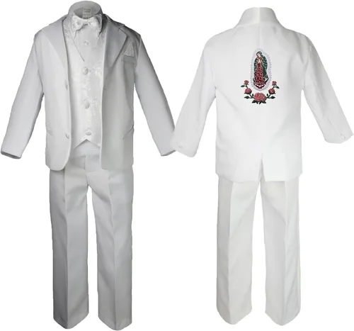Vista 2 de Traje formal de cachemira blanca para bautizo de bautizo de primera comunión, plata Guadalupe María en la espalda SM-20