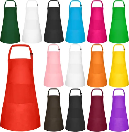 Vista 14 de Juego de 5 delantales para niños, delantal ajustable para niños con 2 bolsillos, delantal de chef para niños para pintar, cocinar, hornear, Negro