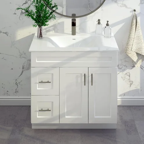 Vista 8 de White Shaker - Base para lavabo de baño con cajones de 36 pulgadas, listo para montar