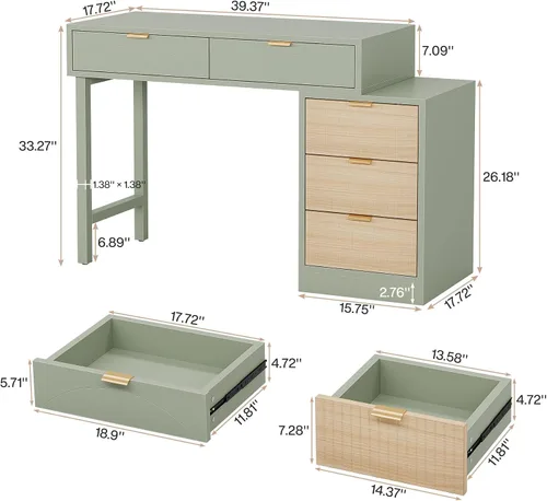 Vista 2 de Tribesigns Escritorio para computadora con 5 cajones, escritorio pequeño reversible con almacenamiento, mesa de estudio de madera moderna, estación