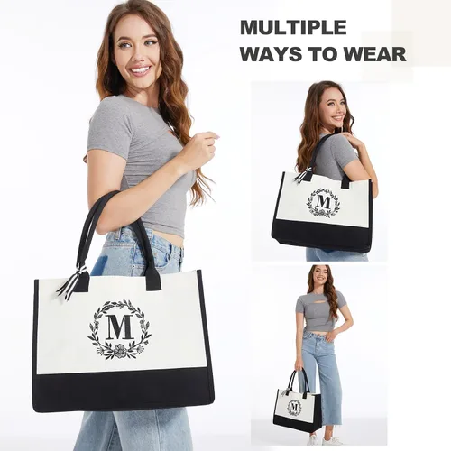 Vista 4 de BeeGreen Regalos de Navidad para mujer, bolsa de lona con bolsillo bordado monograma personalizado para amiga, mamá, profesora