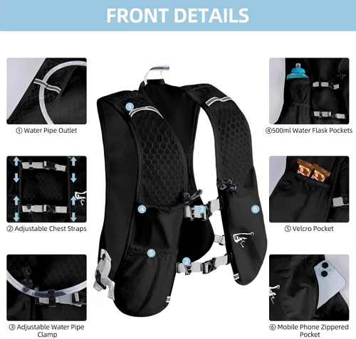 Vista 5 de Mochila de hidratación para mujeres y hombres, chaleco ligero para correr con bolsa de agua de 1.5 L, mochila de agua transpirable para senderismo