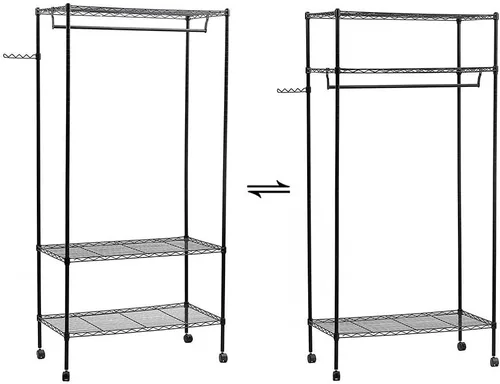 Vista 6 de Polyial Weave 3 niveles de gran tamaño ajustable resistente estante de ropa con estantes dobles para ropa y ruedas con bloqueo+1 par de ganchos