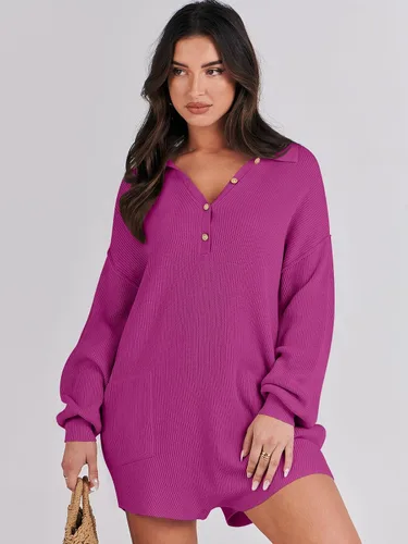 Vista 8 de ANRABESS Enterizo de suéter para mujer, trajes de otoño 2023, a la moda, largo, Henley, cuello en V, overol de punto para descansar