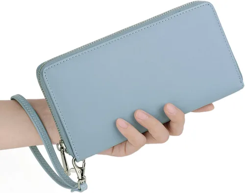 Vista 2 de UTO Cartera de cuero con cremallera alrededor de tarjetero organizador de pasaporte para damas con cartera de viaje con correa de muñeca