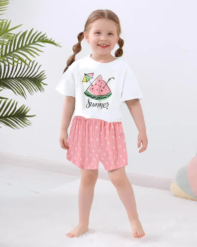 Vista 2 de YALLET Ropa de niña pequeña 2T 3T 4T 5T Niñas, manga corta impresión superior + pantalón 12, 18 24 meses, ropa de verano para bebé 1-5T