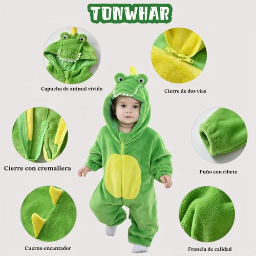 Vista 2 de TONWHAR - Disfraz para niños y bebés, disfraz de dinosaurio, tigre, animal, atuendo de fantasía, mameluco con capucha Cocodrilo