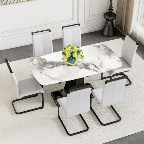 Vista 30 de Moderno juego de mesa de comedor para 4, mesa de vidrio de 63 pulgadas y base de MDF, mesa de comedor de mármol sintético negro con 4 sillas Mesa