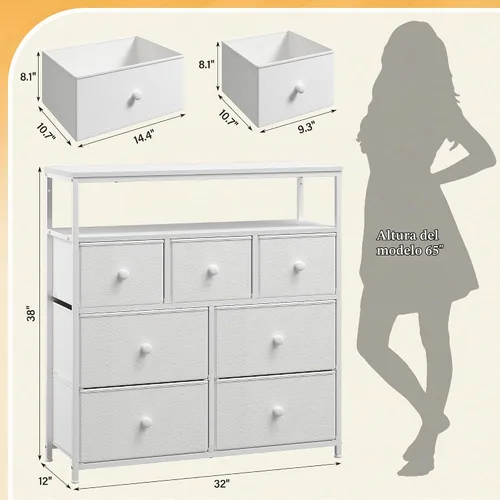 Vista 2 de Cómoda para dormitorio con 7 cajones y 2 estantes abiertos, soporte de TV para dormitorio, cómoda blanca para pasillo, entrada, dormitorio