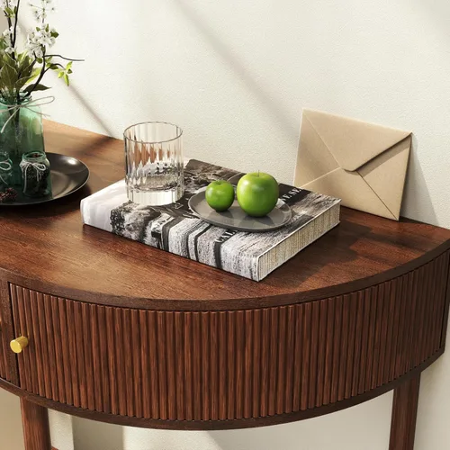 Vista 11 de Knocbel Mesa consola Half Moon con puerta con patrón de ondas, mesa auxiliar de sofá semicírculo con 2 cajones de almacenamiento y estante inferior