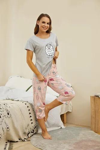 Vista 2 de PNAEONG - Conjunto de pijama casual para mujer, con camiseta y pantalones capri, con estampado divertido
