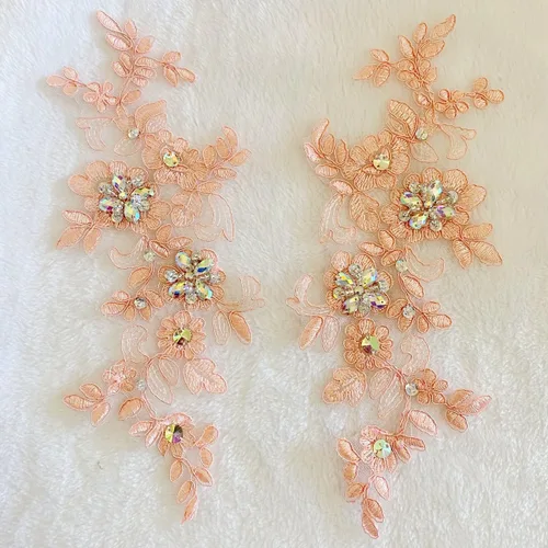 Vista 6 de Parches de tela de encaje fino bordados con diamantes de imitación bordados, decoración de vestido para coser en lentejuelas cuentas, accesorio