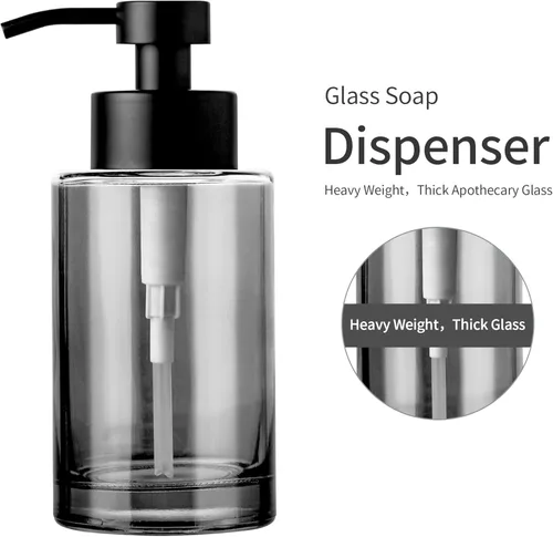 Vista 3 de Enra Dispensador de jabón espumoso, dispensador de jabón de vidrio grueso negro de 12 onzas para baño y cocina con bomba de acero inoxidable