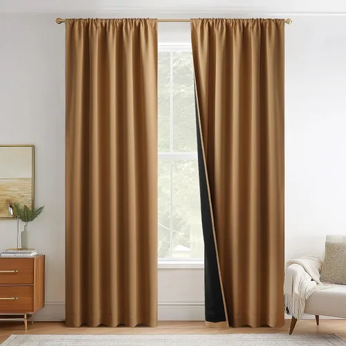Vista 26 de NICETOWN Biscotti Beige 100% Cortinas opacas de 45" de largo para cocina, bolsillo con varilla para sótano completamente opaco, cortinas térmicas