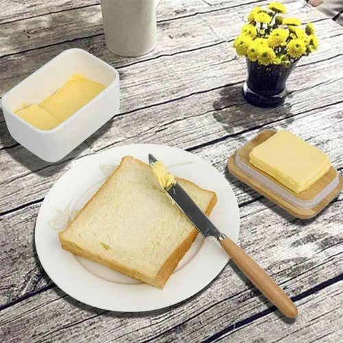 Vista 2 de Mantequillera de porcelana con tapa de bambú, recipiente de cerámica para encimera o refrigerador, plato de almacenamiento de mantequilla de cocina