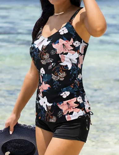 Vista 3 de Septangle Traje de baño tankini de dos piezas con cuello en V y control de abdomen, traje de baño fruncido