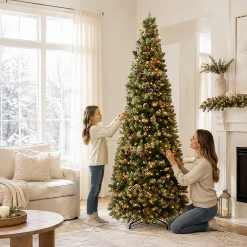 Vista 8 de Garvee 6 FT Prelit Pencil Christmas Tree, 100 Warm White LEDs, 578 Tips Snowy Pine Cones & Mixed Branches, Holiday Tree for Small Spaces