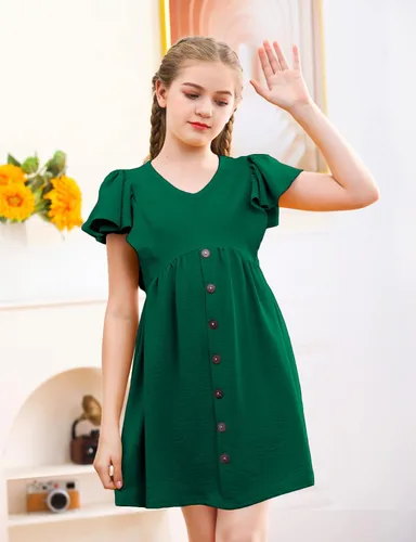 Vista 4 de UELoop Girls Summer Ruffle Sleeve Dress 2023 V-Neck Flowy Dress Kids Casual Babydoll Party A-line Swing Dresses 5-14Y