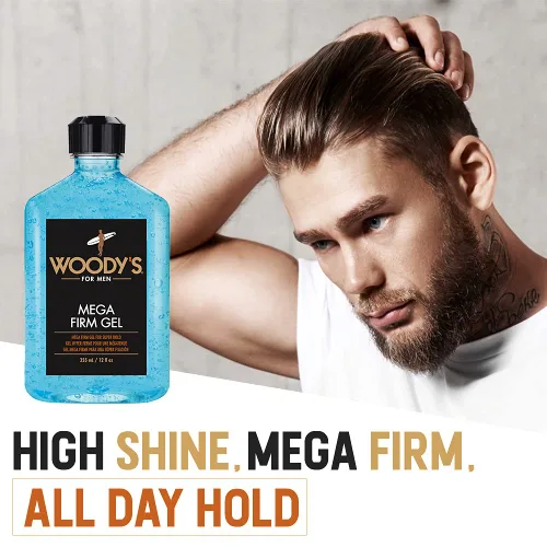 Vista 3 de Woody's Gel para el cabello Mega Firm para hombres, fijación fuerte, sin alcohol, sin escamas, gel para el cabello de los hombres para un