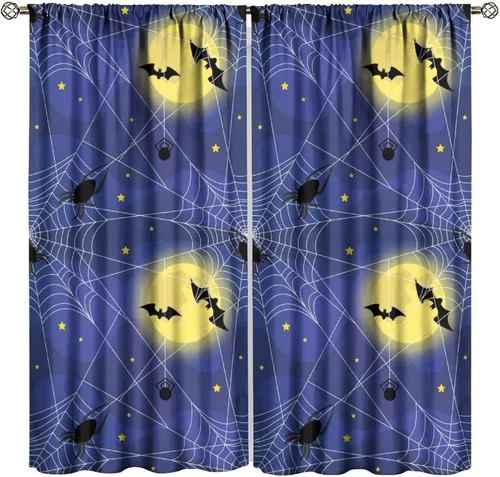 Vista 40 de Cortinas opacas de tela de araña aterradora para niños, tela de araña en blanco y negro, fondo rojo, dormitorio de niños, guardería, decoración