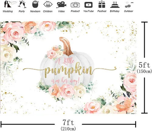 Vista 4 de Telones de fondo de calabaza para baby shower, decoración de fondo rosa floral de otoño para niñas recién nacidas (7 x 5 pies)