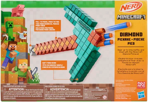 Vista 4 de Nerf Minecraft Diamond Pickaxe Dart Blaster, imprimación de tirar, cabeza de espuma, 8 dardos Nerf Elite, a partir de 8 años